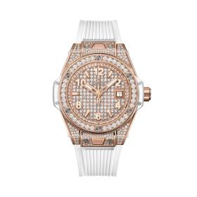 Damenuhr, Hublot One Click King Gold White Full Pavé  485.OE.9000.RW.1604