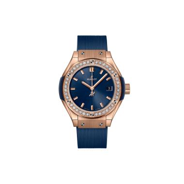 Damenuhr, Quarzwerk, Hublot Classic Fusion King Gold Blue Diamonds 